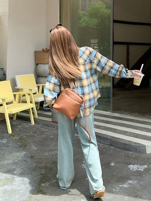 韩系撞色格子衬衫外套女秋季宽松慵懒风长袖衬衣开衫上衣|undefined