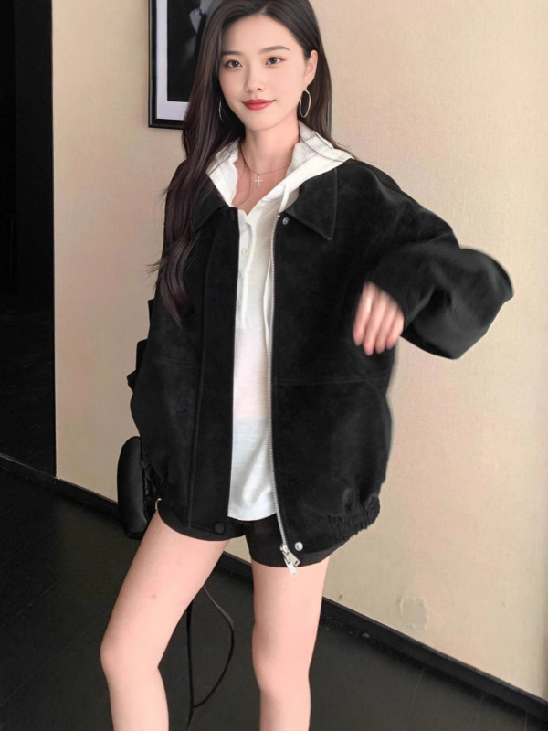 美拉德复古宽松翻领休闲百搭显瘦皮绒夹克女秋季休闲机车外套上衣|undefined