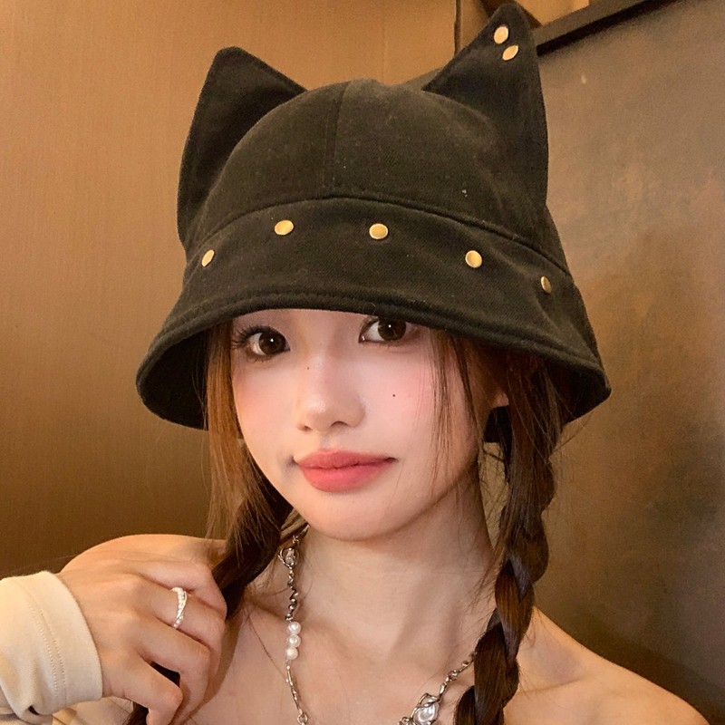 可爱立体猫耳朵铆钉渔夫帽女夏季百搭显脸小盆帽遮阳防晒太阳帽子|undefined