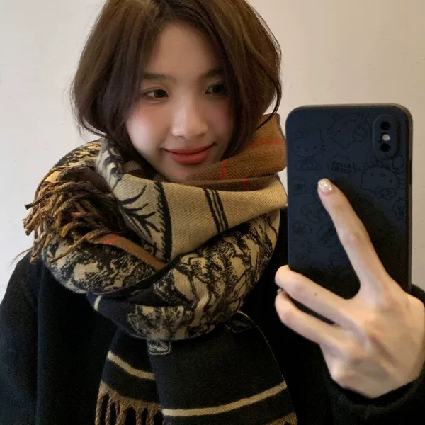 Thickened War Horse Plaid Double-Sided Cashmere Scarf Women's Winter New Fashion Tassel Warm Outer Shawl Scarf