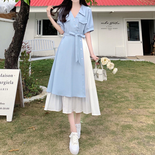 Fake two-piece short-sleeved V-neck mid-length dress 2025 summer meat-covering French long skirt waist-hugging women's skirt A-line skirt
