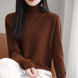 Seamless One-Line Ready-To-Wear Turtleneck Woolen Sweater for Women in Autumn and Winter Loose and Stylish Sequined Knitted Bottoming Sweater Cashmere Sweater