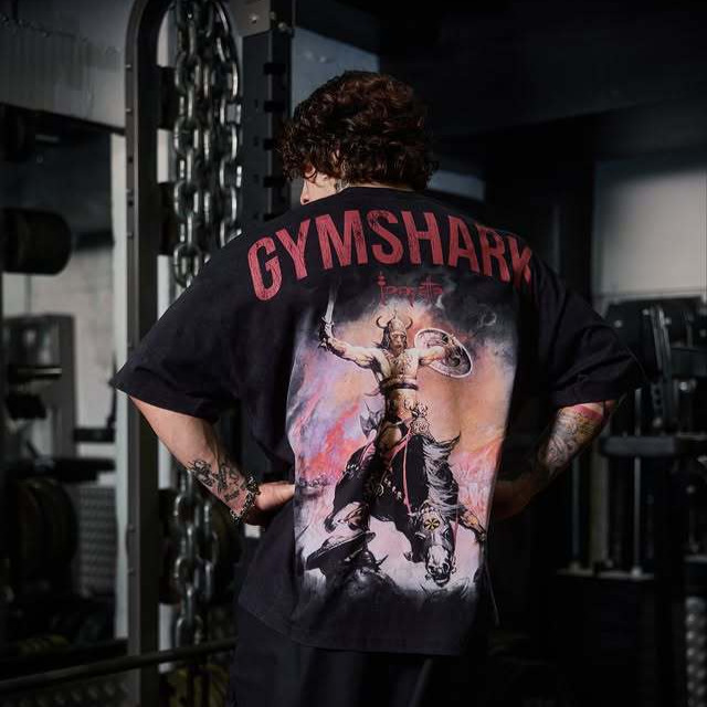 Gymshark Muscle Shark American Trendy Fitness Sports Large Size Printed Short-Sleeved Fitness Wear Men's T-Shirt