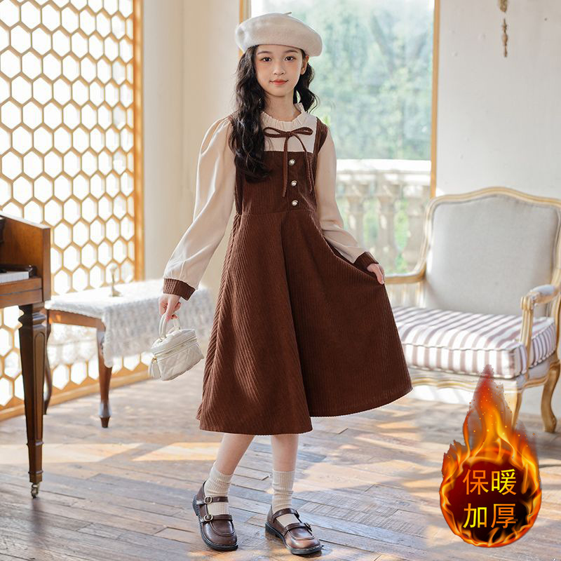 工厂现货新款女童秋冬连衣裙新款加绒假两件中大童裙子