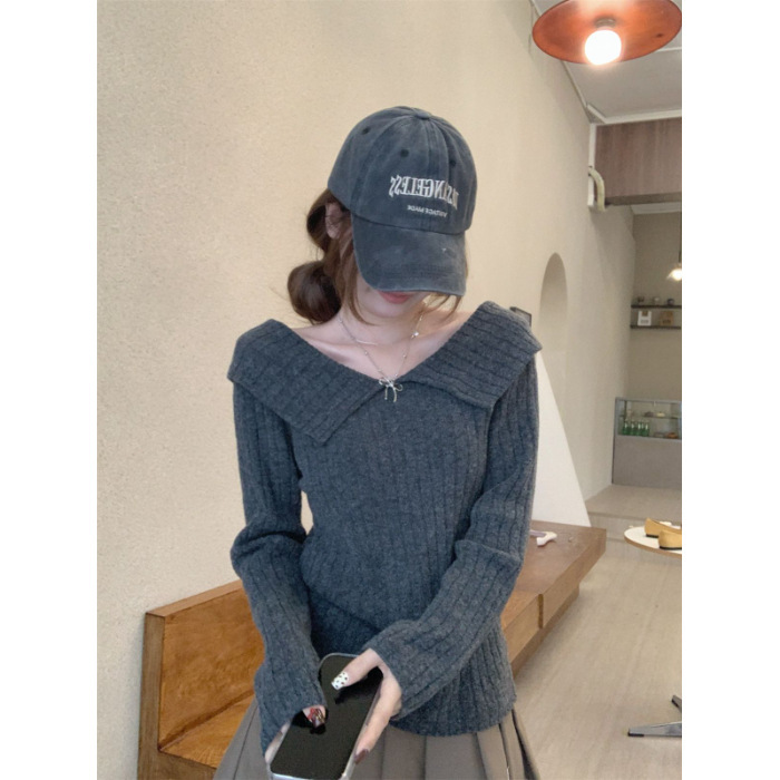 复古减龄翻领红色针织衫女秋冬新款设计感打底衫修身长袖百搭上衣|undefined