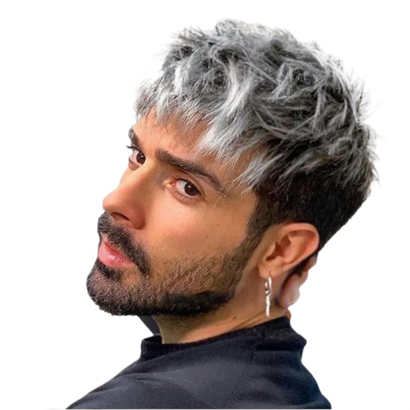 Transfronteriza nueva peluca europea y americana de los hombres de plata gris degradado color desordenado corto rizado peluca fábrica en stock al por mayor