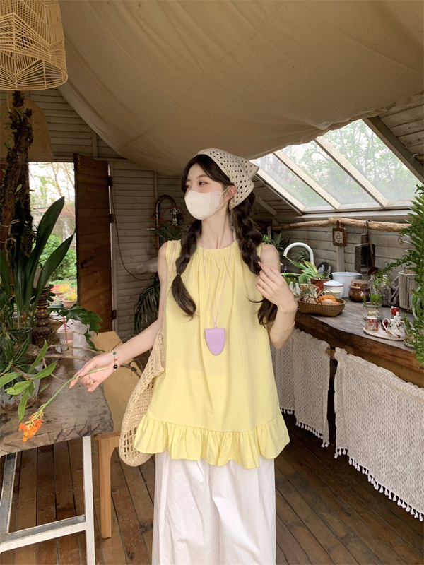 多巴胺黄色法式小资小上衣女夏无袖背心衬衫设计感独特漂亮娃娃衫|undefined