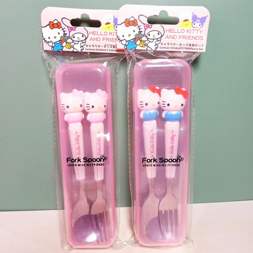 Student Portable Two-Piece Cartoon Children's Tableware Spoons and Forks Set Sanrio Stainless Steel Wholesale Fork and Spoon Set