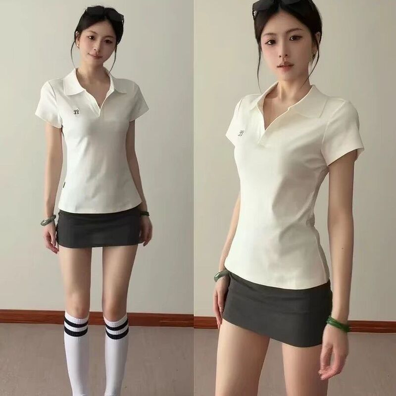 Dopamine-Style Shoulder-Popl Shirt, Waist-Cinching T-Shirt, Women's Short-Sleeve White Summer College Style New Slim-Fit Top