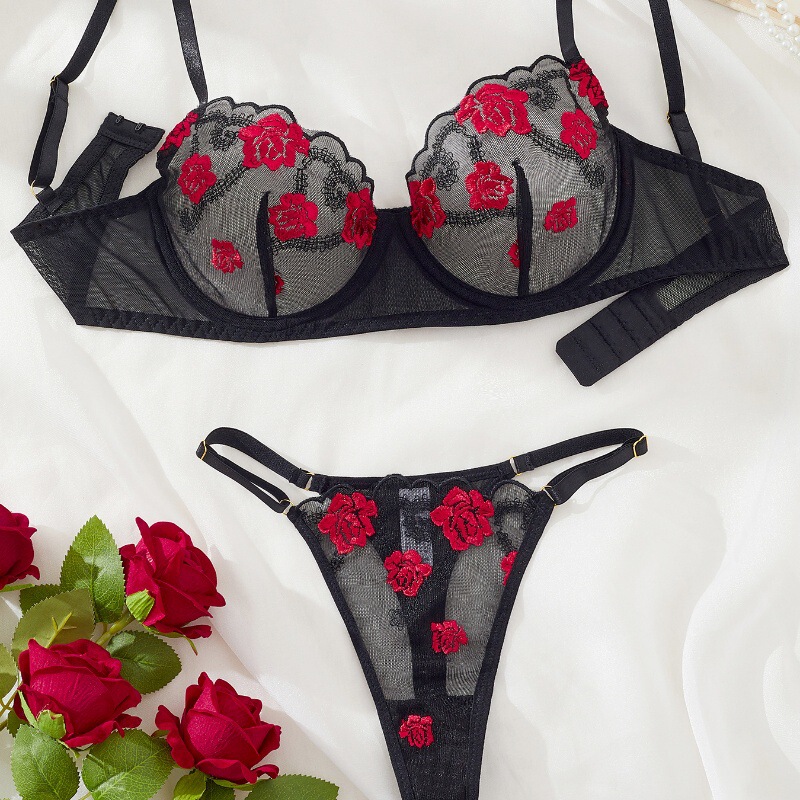 Cross-Border New Sexy Lingerie Vest-Style Embroidered Three-Point Set Wholesale See-Through Push-Up Breathable Bra