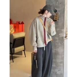 跨境韩系感连帽撞色双拉卫衣女秋冬5新开衫宽松动外套彧炘有