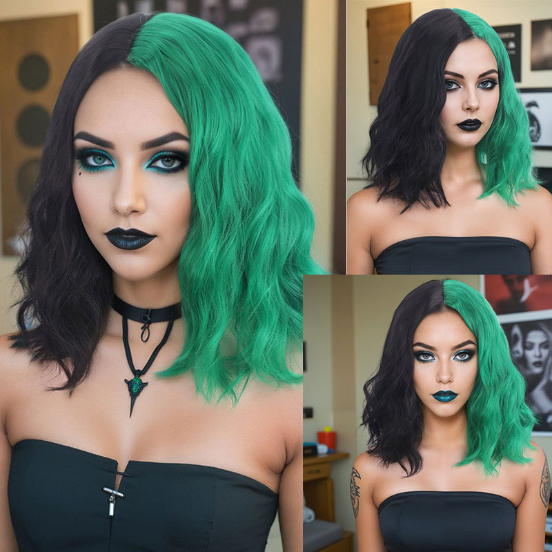 European and American Short Hair Chemical Fiber Wig Headgear Halloween Party Wig Medium Split Color Short Curly Hair Set Green Corn Perm European and American Short Hair Chemical Fiber Wig Headgear Halloween Party Wig Medium Split Color Short Curly Hair Set Green Corn Perm