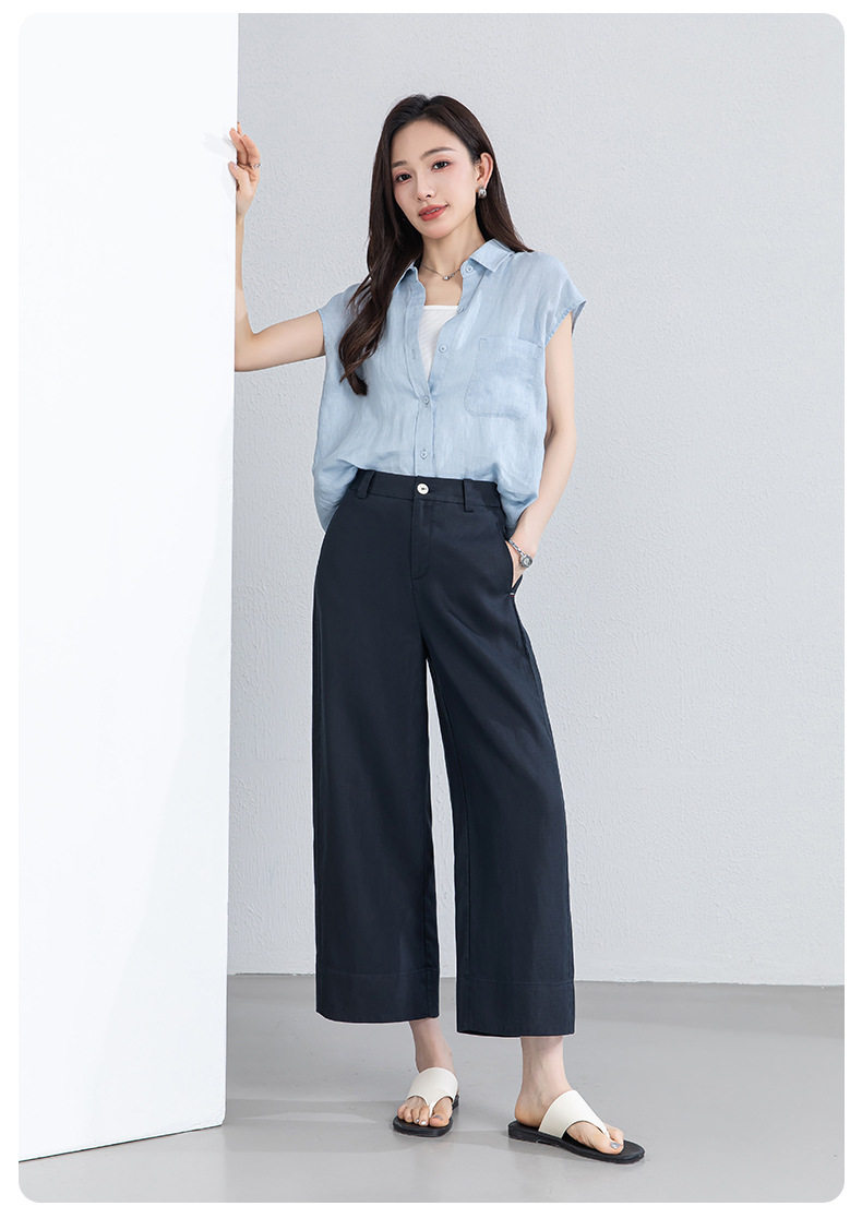 Quần culottes nữ ống rộng phong cách tối giản chất liệu lanh pha sợi thiên ti mỏng nhẹ dáng suông dài 9 phân — Chín điểm - 86193-1 Trắng chi tiết 31
