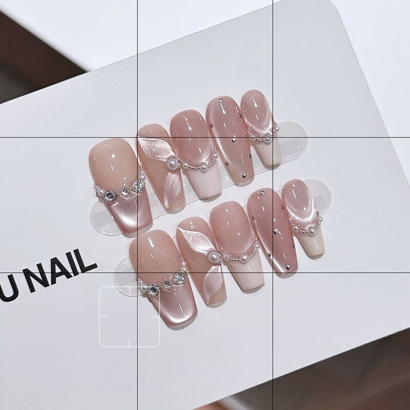 【Fengwan Rousha】New Pink Ribbon Cat Eye French Handmade Wearable Nails Light Luxury Phototherapy Nail Art Wholesale