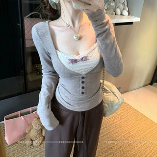 温柔风假两件蕾丝拼接长袖t恤女秋季新款百搭气质修身显瘦小上衣