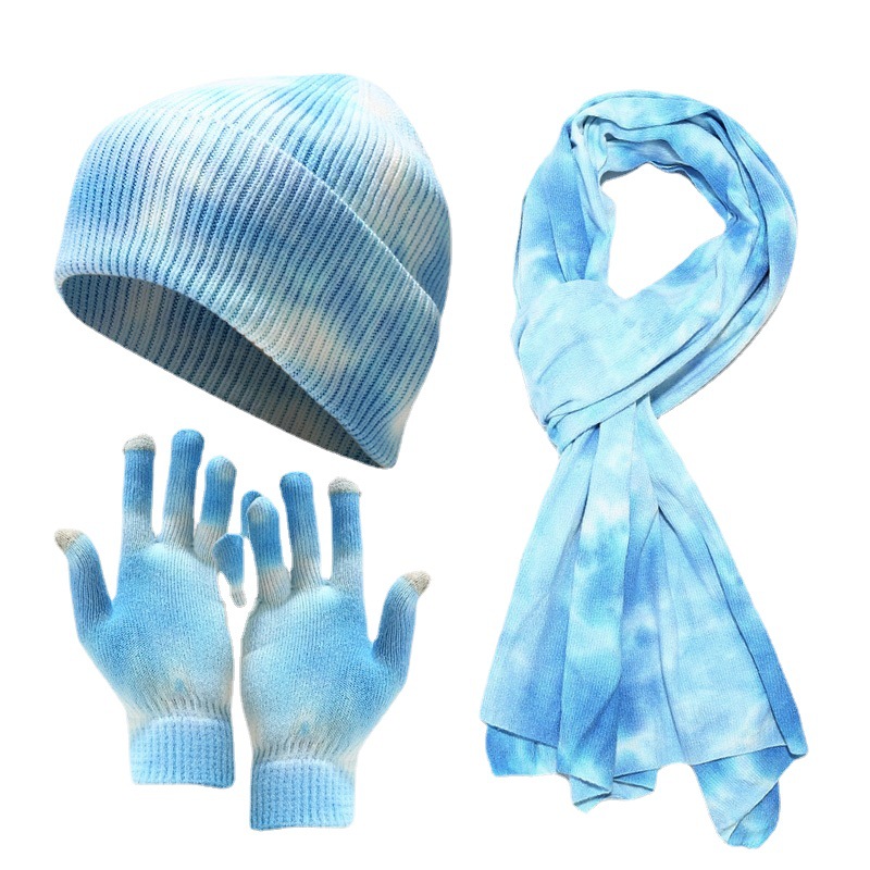 New Tie Dyed Knitted Glove Scarf Women's Autumn and Winter Outdoor Cold Protection Hat Three piece Set for Men_voghion.com