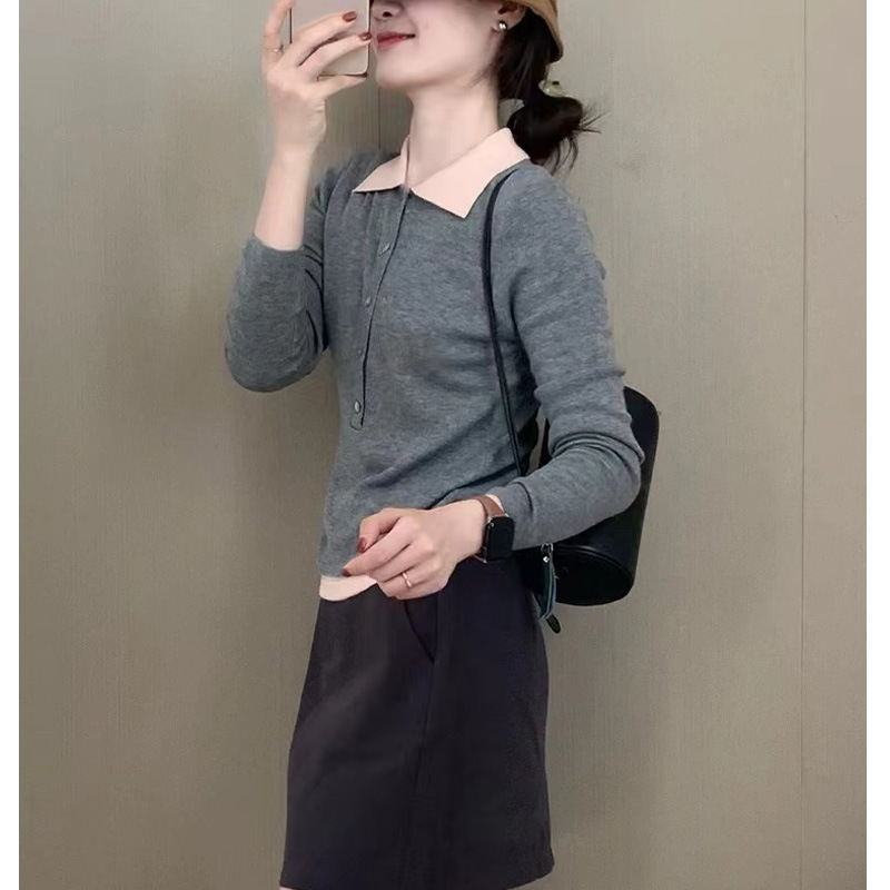 小香风灰色假两件拼接翻领长袖针织衫女早秋季外穿气质高级感上衣|undefined