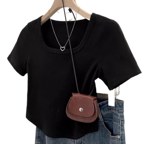 Thin Square Neck Short Sleeve Shirt Women's Summer Slim Fit Versatile Curved Hem Hot Girl Bottoming Top