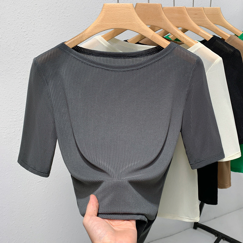 Camiseta de mediados de manga de las mujeres 2023 nuevas mujeres europeas elegante fuera del hombro de malla de color sólido de la cintura-apretado tramo superior image 2