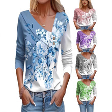 厂家欧美跨境春秋季女装t恤长袖彩色大花朵印花T恤百搭跨境爆款