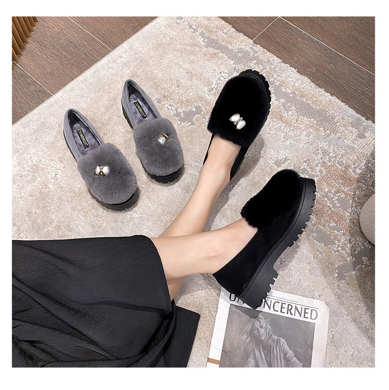 Giày búp bê nữ lót lông giữ ấm đế dày gót 3-5 cm — Màu xám, Màu đen chi tiết 17