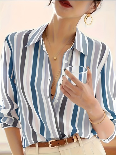 Polyester Casual Shirt Women's Striped Casual Cross-border