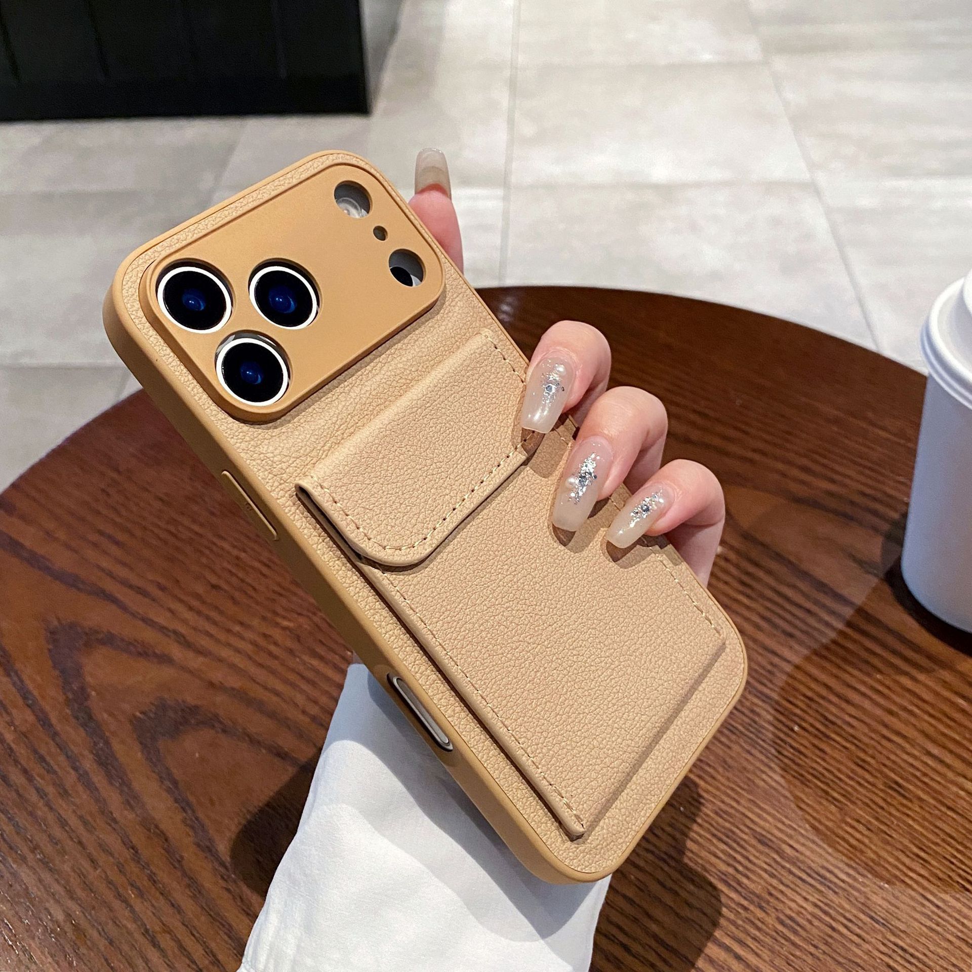 Aplicable para iPhone18PROMAX estuche de teléfono móvil simple litchi estampado tarjeta bolsa soporte manzana 17 anti-caída 16 transfronterizo