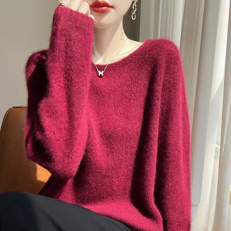 轻柔软糯~77%山羊绒23%桑蚕丝!薄款圆领宽松针织衫女无缝慵懒毛衣|undefined