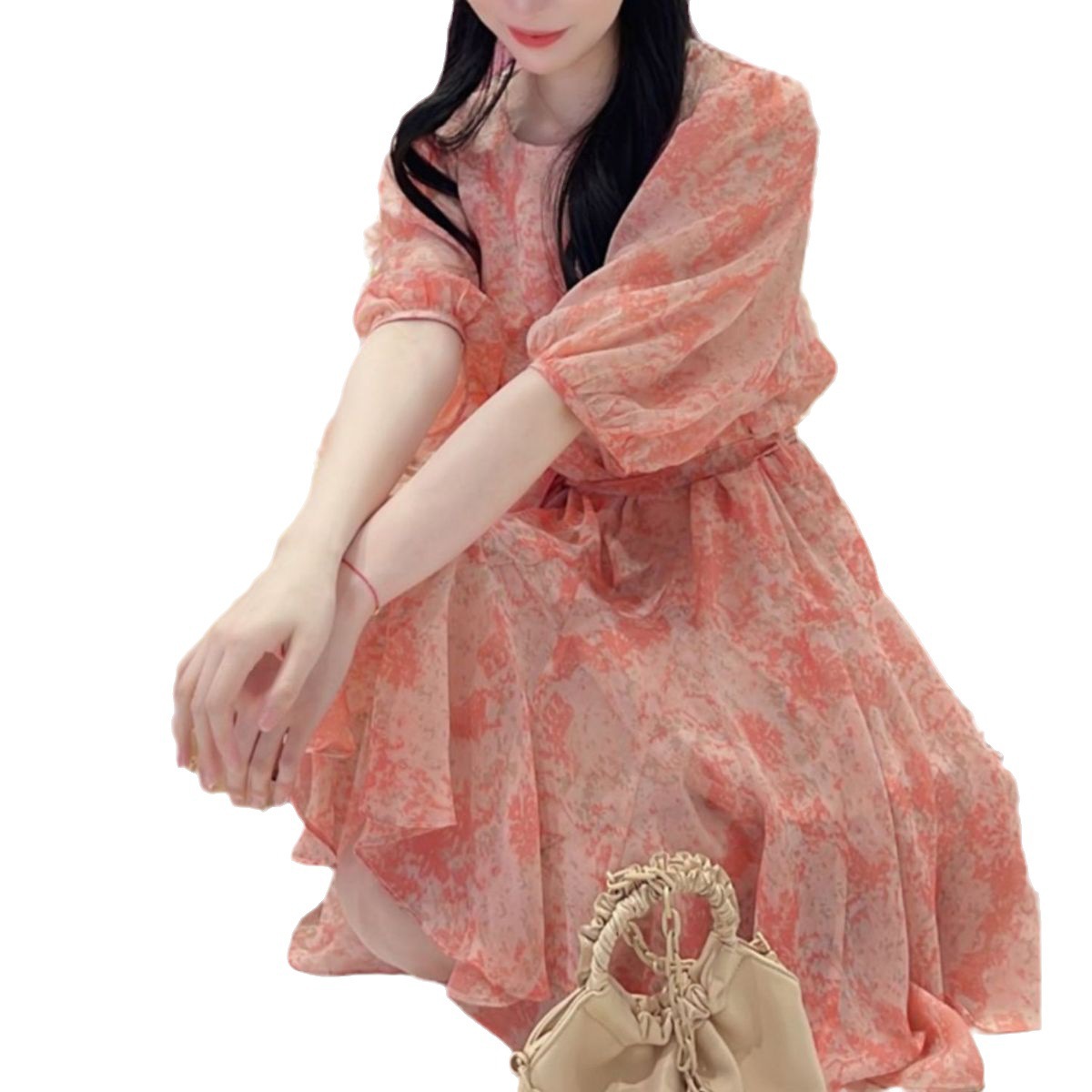 Váy hoa maxi nữ chất liệu chiffon tay ngắn thắt eo — Màu hồng