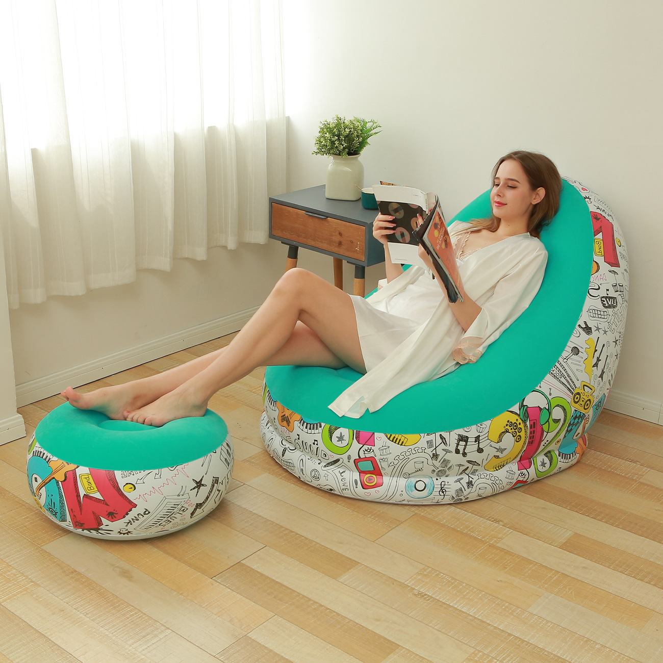 Sofá inflable perezoso grueso a través del espejo, sillón reclinable plegable, sofá exterior con combinación de pedal, sofá flocado