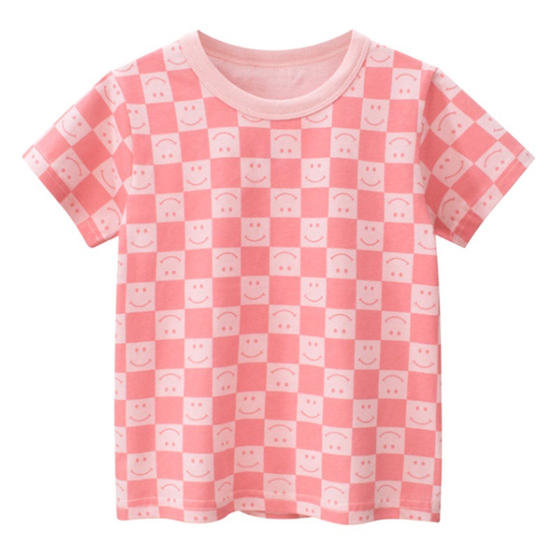 2024 verano nueva ropa para niños al por mayor estilo coreano Camiseta de manga corta para niños cara sonriente de las niñas impresas tops para niños
