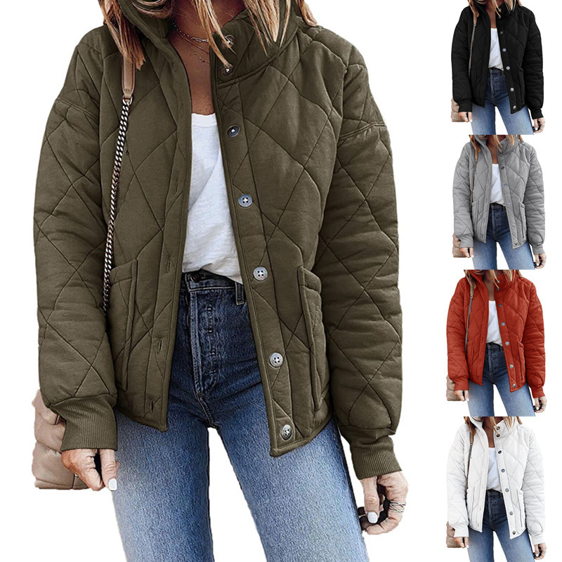 European and American 2023 new women's quilted jacket long sleeve solid color thin casual loose stand collar single row button coat