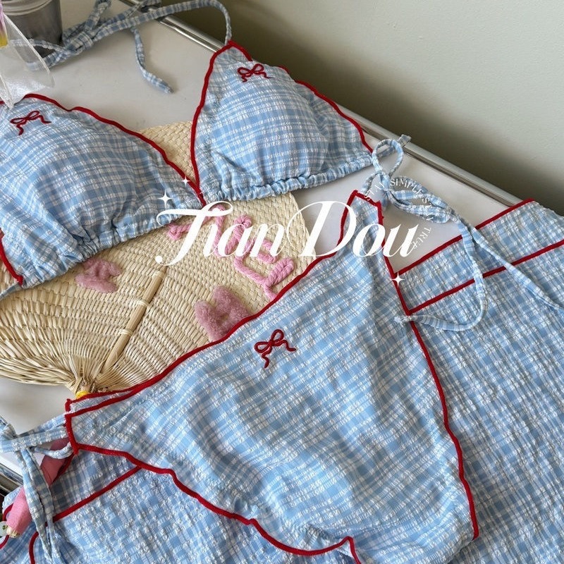 [Girl Plaid] Plaid Cute Girl Sexy Hot Girl Summer Split Swimsuit Bikini Three-Piece Pure Desire