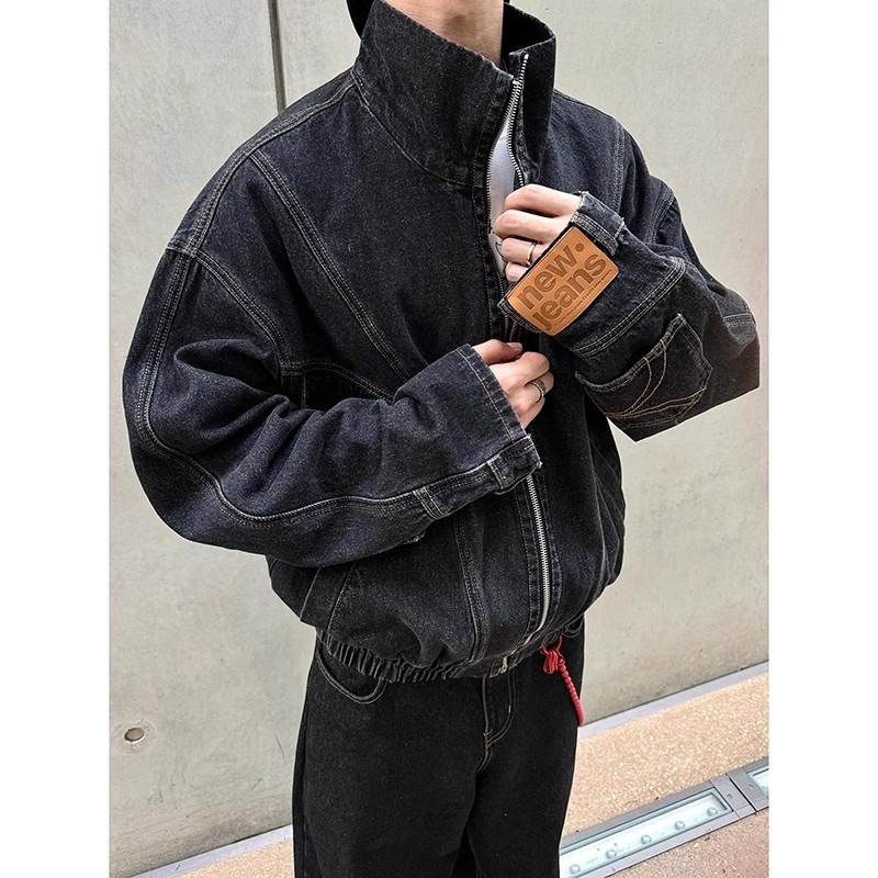 Washed Denim Jacket With Stand Up Collar For Men High Street Style_voghion.com