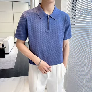 源头厂家短袖t恤男潮流条纹有领针织潮牌百搭痞帅半拉链衫polo衫
