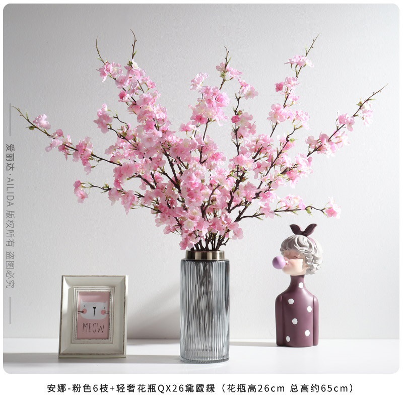 Flores de seda Decoración de interiores Decoración de flores de cerezo Mesa de comedor Flores florales Ramas de flores falsas sin baile Mueble de TV de flor de durazno