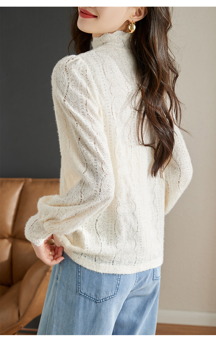 French beige chiffon lace blouse for women's early autumn 2022 new style ladylike lace small stand-up collar long-sleeved top for women pic 17