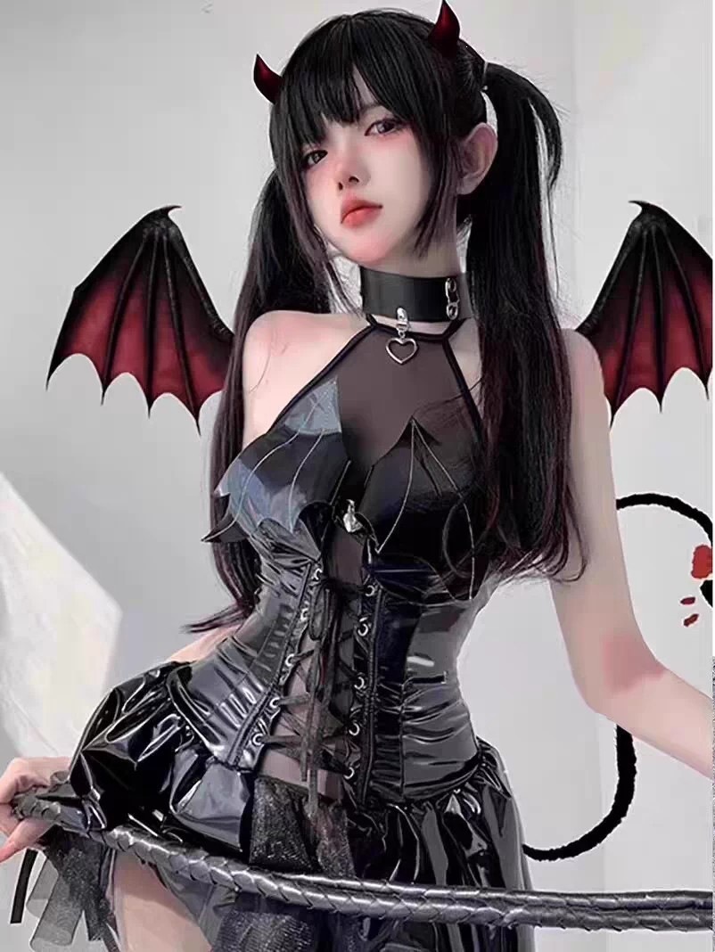 Aifuqu Patent Leather Little Devil Lingerie Set with Neck Ring, Dress and T-Pants — detail image 17