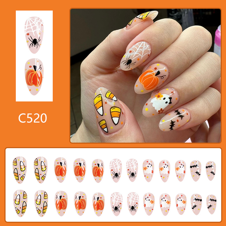 Halloween False Nails Pumpkin Spider Web Ghost Almond Shaped Set_voghion.com