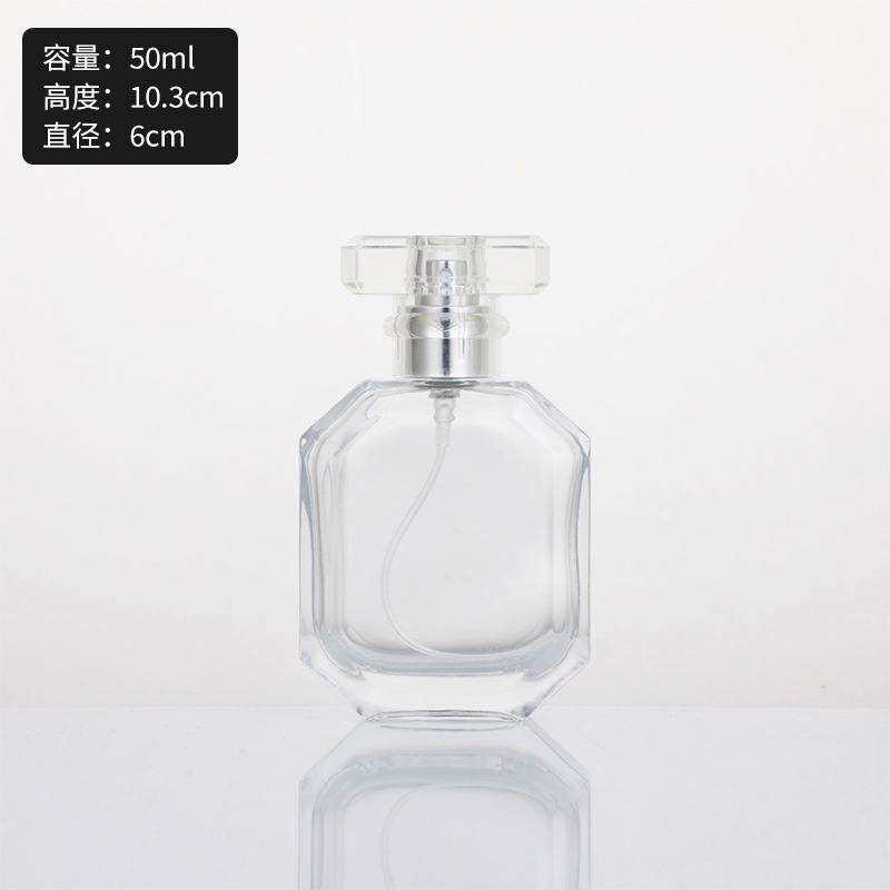 Botella de perfume de vidrio de alta calidad de 50ml botella vacía de marca con botella de aerosol de aceite esencial botella de cosméticos