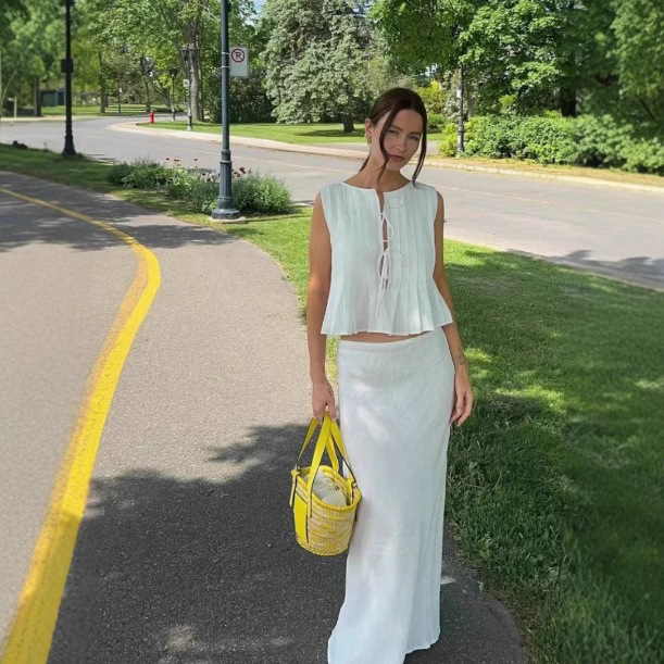 European and American style summer new women's fashion suit lace-up sleeveless vest top high waist skirt two-piece set