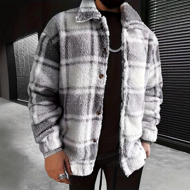 Men's Plush Plaid Jacket, Lamb Wool Textured Lapel Jacket, Autumn and Winter Warm Loose-Fitting Shirt to Wear Men's Plush Plaid Jacket, Lamb Wool Textured Lapel Jacket, Autumn and Winter Warm Loose-Fitting Shirt to Wear