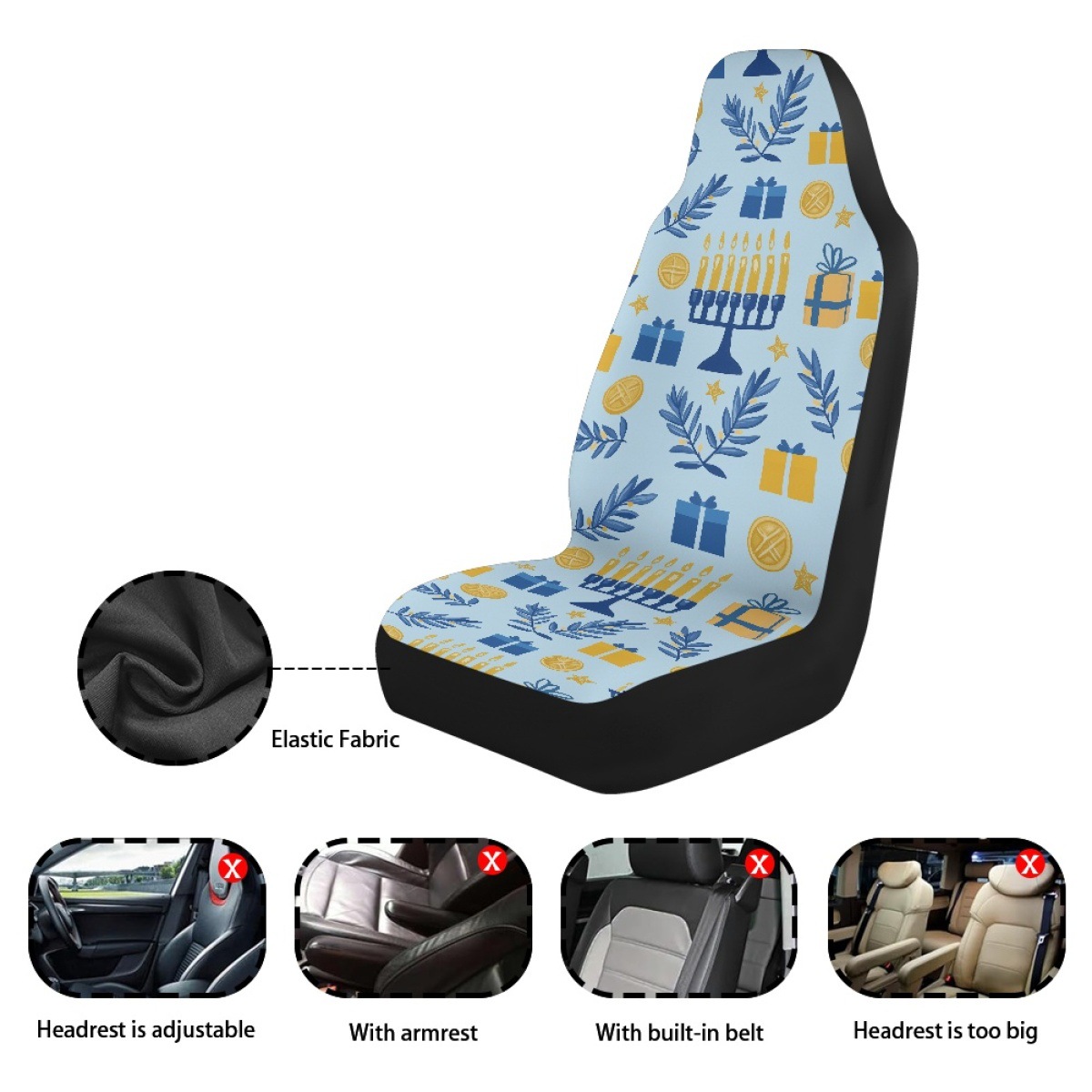 Amazon's best-selling car seat covers feature a Hanukkah candle print design and are custom-made with a non-slip backing. This set includes two pieces for the front seats
