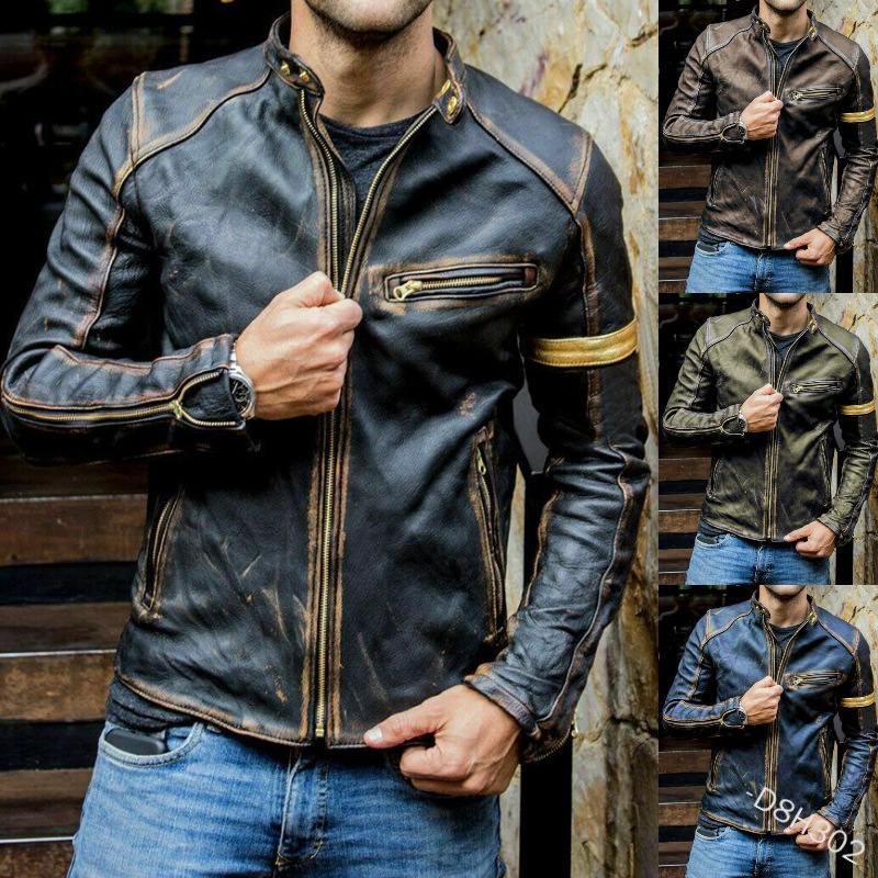 2023 Foreign Trade European and American Men's Clothing Men's Leather Jacket Male Teenager Vertical Collar Punk Male Motorcycle Leather Jacket
