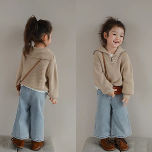 Girls' Western Style Zipper Large Lapel Wool Pullover Sweater 2025 Spring New Children's Casual Wear Tops