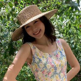 法式天然咸草编织平顶礼帽潮男女夏田园风遮阳度假沙滩巴拿马草帽