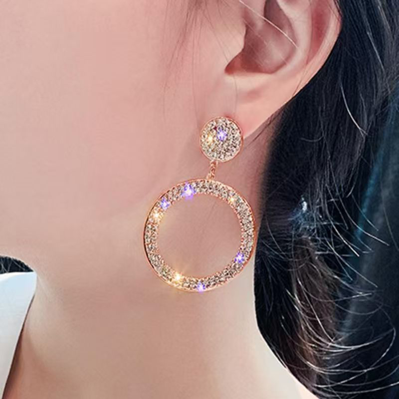 Geometric Circle Drop Earrings With Rhinestones Statement Piece_voghion.com