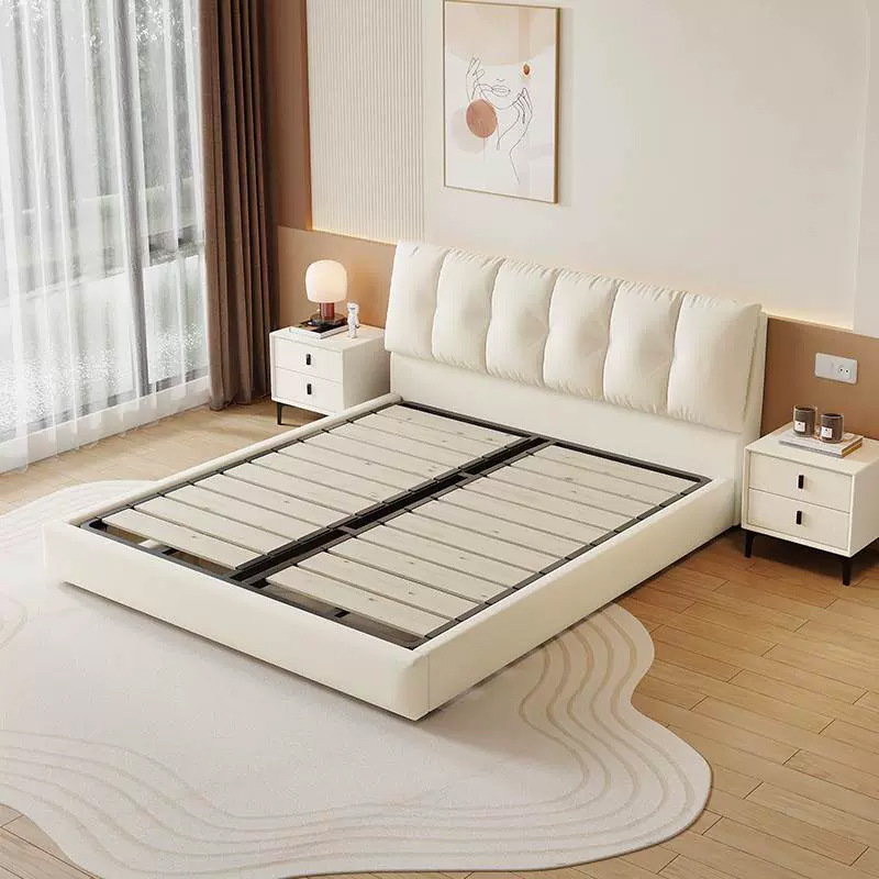 Cama de tela Ins Cloud para dormitorio principal de apartamento pequeño, cama doble moderna minimalista de tela tecnológica suave con almacenamiento de cuero.