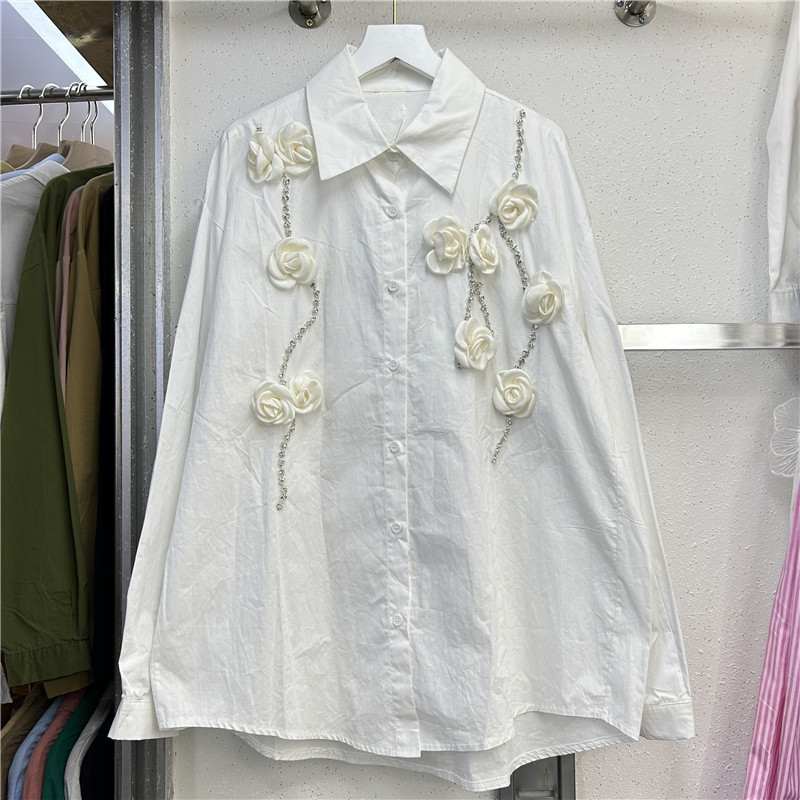 Heavy Industry Rhinestone Rose Flower Shirt Women's Autumn 2024 New Loose Slimming All-match Lapel Long Sleeve Top