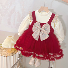 女童冬季连衣裙2024儿童公主裙蝴蝶结网纱加绒过年红色礼服蓬蓬裙